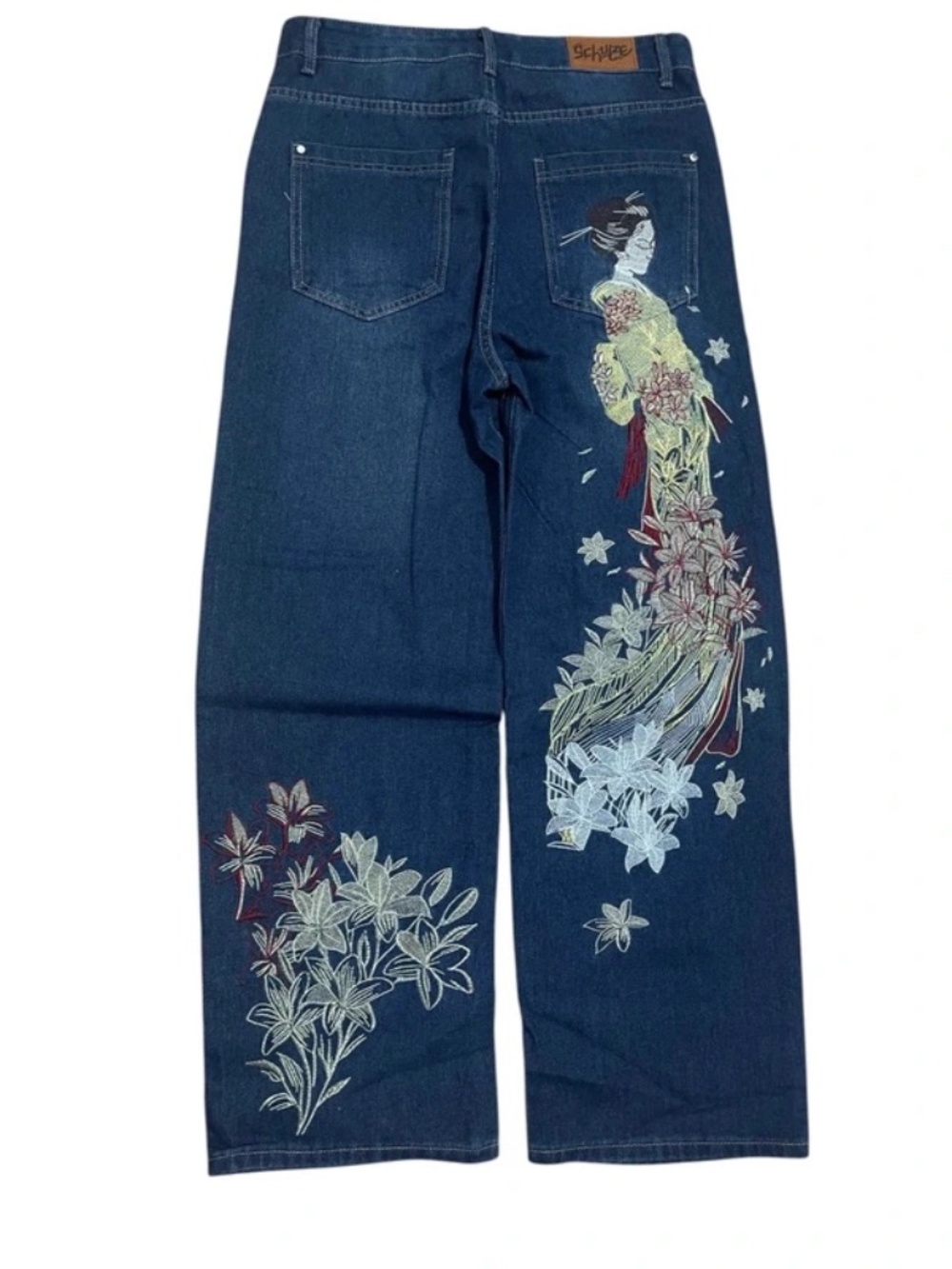 Y2K Japanese Floral Embroidered Baggy Wide Leg Jeans